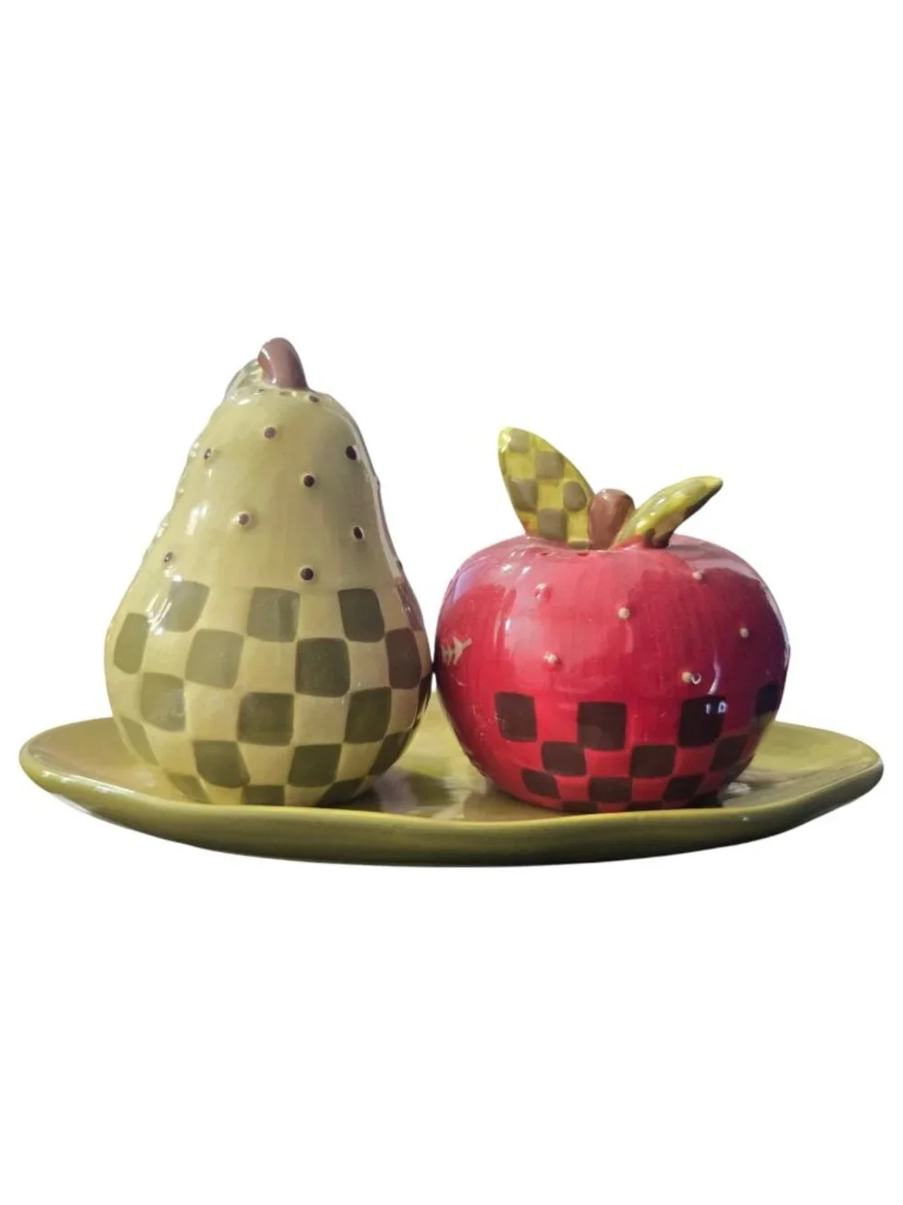 Apple Pear Salt Pepper Shaker Set Stand Cracker Barrel Apple Collection Country